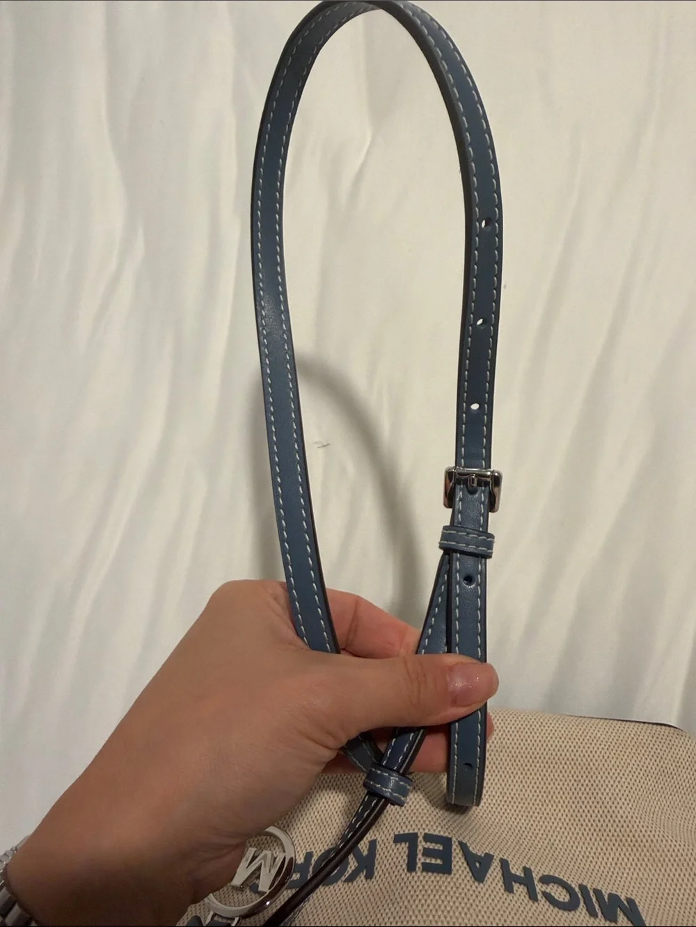 Michael Kors Beige Canvas Tote with Blue Trim and Logo